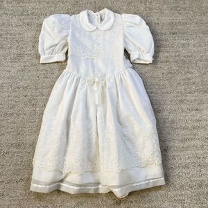 Vintage Girls White Floral Lace Wedding Flower Girl Formal Dress